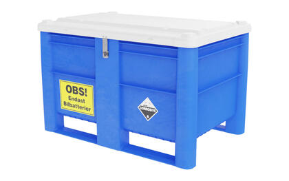 Swedebox 800 plastcontainer används för insamling av farligt avfall som bl.a bil- och lastbilsbatterier och finns i flera olika färger och tillbehör.